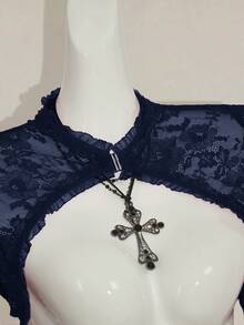 SHEIN ICON 女式哥特式蕾丝喇叭袖长下摆万圣节服装T恤 - 藏蓝色 - 查看 5