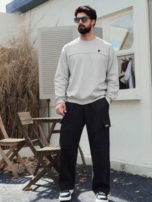 DAZY 男士灰色圆领字母刺绣抓绒套头卫衣，秋冬季 - 灰色 - 查看 4