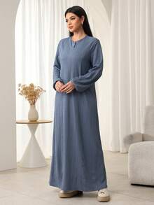 Mulvari Women's Casual Gray-Blue Round Neck Dress, Autumn/Winter - Blue - View 4