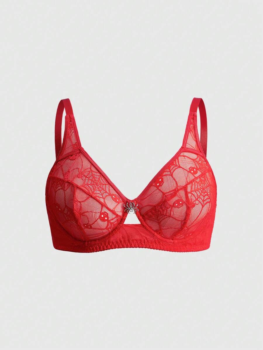 ROMWE Áo ngực có gọng kim loại hình bộ xương Gothic cỡ lớn, mạng nhện, mặt dây chuyền hình dơi - Đỏ - Xem 1