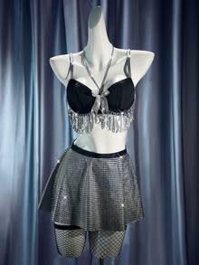 Spicy Aura 4pcs Sexy Lingerie Set With Alluring Design Tassel Necklace Chain & Colorful Skirt For Women - Black - View 6