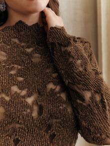 Anewsta Plus Size Elegant Long Sleeve Hollow Out Stretchy T-Shirt - Brown - View 4