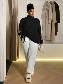 Maweii Áo len chui đầu thiết kế dây rút cổ cao cỡ lớn cho nữ - màu đen - Xem 4