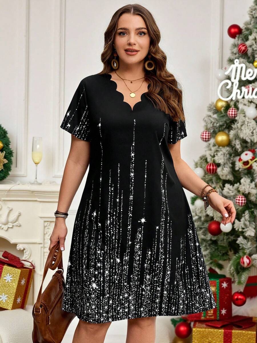 Miaspire Plus Size Modest V-Neck Shell-Trimmed Short-Sleeved Faux Rhinestone Positioning Printed Knee-Length Spring Outfits For Women Summer Outfits For Women,Vacation - Silver - View 1