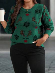 EMERY ROSE Plus Size Women's Christmas Party Snowflake Knit Sweater Top - Multicolor - View 3
