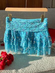 Comfortcana 2025新款极简主义冬季女式亮片荷叶边时尚半身裙，适合圣诞节、新年派对、海滩度假等场合，亮片闪粉裙。 - 藍色 - 查看 7