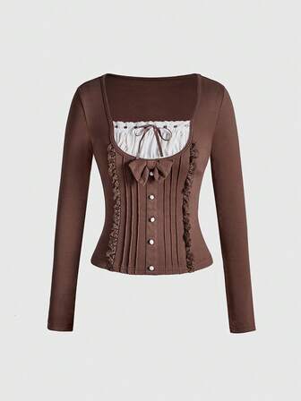 Kawaii Chemise à manches longues pour femmes 2 en 1 avec décoration de nœud mignonne et douce