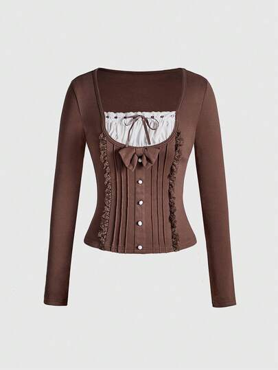 Kawaii Chemise à manches longues pour femmes 2 en 1 avec décoration de nœud mignonne et douce