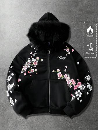 Felpa da uomo spessa da streetwear, con stampa di fiori di ciliegio in stile americano e testo in inglese, colletto in pelliccia, adatta per autunno/inverno