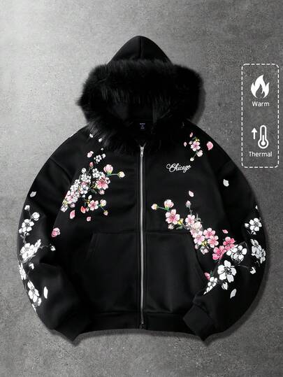 Felpa da uomo spessa da streetwear, con stampa di fiori di ciliegio in stile americano e testo in inglese, colletto in pelliccia, adatta per autunno/inverno