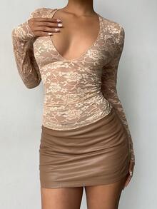 Aloruh 女士优雅V领袖透视裸色上衣，春季外出上衣，女士外出上衣，优雅性感蕾丝上衣 - 棕色 - 查看 9