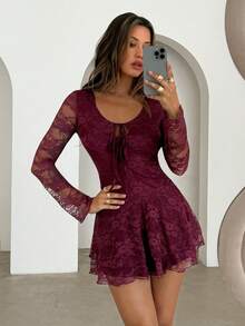 Aloruh Women's Elegant Burgundy Lace Mini Dress, Long Sleeve Open Back Cake Dress For Autumn Date Night,Luxurious Party Valentine's Day Outfit - Burgundy - View 4