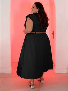 Pretty and Ole Váy không tay màu trơn cỡ lớn cho nữ, váy công sở thanh lịch (có thắt lưng) - màu đen - Xem 2