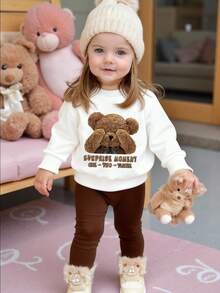 2件套婴儿幼儿男女通用0-3岁可爱小熊标语字母印花长袖圆领上衣和棕色弹力腰带打底裤套装，女婴卫衣套装，幼儿印花圆领套装，女婴秋冬服装 - 彩色 - 查看 5