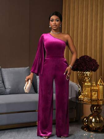 SHEIN Ladiora Women's Elegant Velvet Solid Color One-Shoulder Flare Sleeve Fitted Wide Leg Jumpsuit, Suitable For Party And Banquet