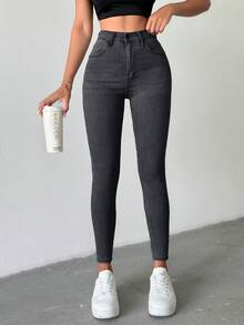 SHEIN Women's Fashion Washed Slant Pocket Elastic Skinny Jeans Jeans For Women - Dark Grey - View 5