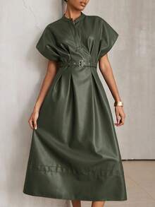 Aveloria Modichic PU Material, Commuter Design Sense, Waist Belt Decor Fashionable V-Neck Pleated Batwing Sleeve Versatile Long Dress - Army Green - View 5