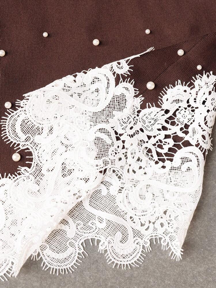 Brown High-End Randomly Studded & Lace Trim Fashionable Elegant Fitted Women Sweater Skirt, Winter