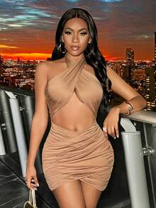 VaVaBold Summer Sexy Solid Color Pleated Hollow Out Cross Wrap Slim Fit Mini Halter Dress - Khaki - View 6