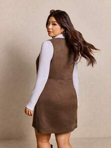 Elaquor Plus Size Solid Color Sleeveless Dress + Long Sleeve Top 2 Pieces Set, Winter Clothes For Women - Coffee Brown - View 2