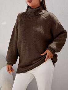 EURMUSE 大码女式休闲纯色高领插肩袖宽松套头衫，秋冬 - 棕色 - 查看 5