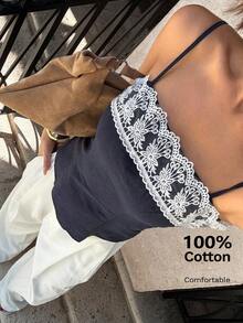 Siren Gaze 2025 Women's New Design Lace Trim Camisole Tank, Minimalist Sexy Short Tube Top Lace Trim Tops Neckline Lace Trim Tops Cotton Tops Women's Spaghetti Strap Square Neck Tops 100%Cotton Crochet Top Women Lace Top Summer Casual Blue - Navy Blue - View 1