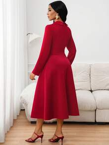 SHEIN Lady Elegant Commuter Solid Color Waist Cinched Burgundy Dress - Burgundy - View 2