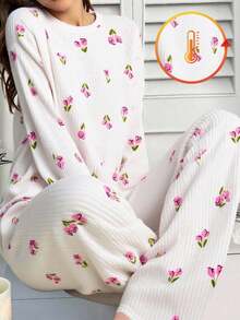 Teen Girl Minimalist Fashion Casual Fresh Tulip Print Fleece Fabric Long Sleeve Top And Pants 2 Pieces Pajama Set Girls Pjs Fall Winter