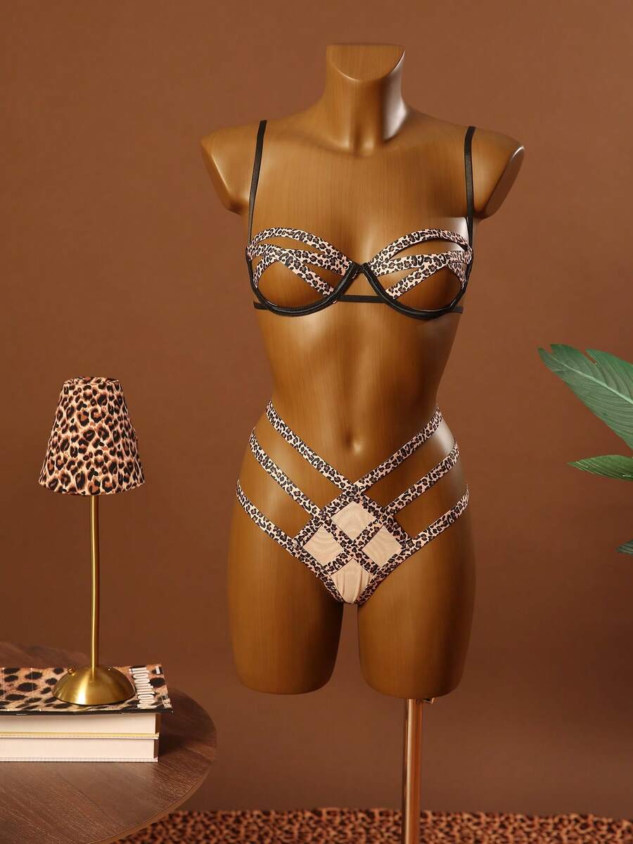 SHEIN 2pcs Women's Sexy Leopard Print Hollow Out Lingerie Set - Multicolor - View 1