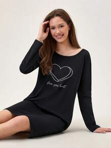 Loomlin Women Cotton Contrast Colour Heart&Lettered Round Neck Printed Long Sleeve Pajama Dress Long Sleeve Nightgown Sleep Wear Women