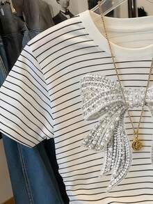 Resyla 女士蝴蝶结印花短袖休闲条纹圆领T恤 - 彩色 - 查看 3