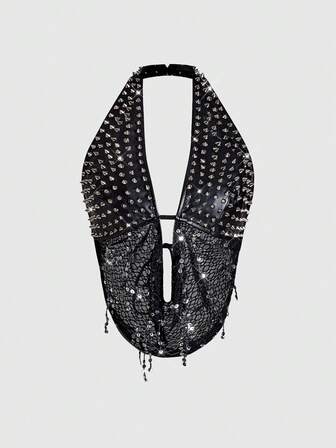 Grunge Punk Punk Nieten Design Sexy tief drapierter Ausschnitt Neckholder Pailletten Party Top