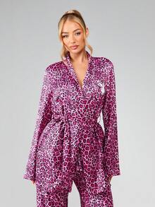 Missguided x Playboy Leopard Print Wrap Robe Long Sleeve Belted Satin Robe Luxury Sleepwear Loungewear Kimono Style Morning Robe - Multicolor - View 1