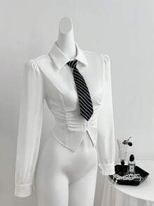 Sweetra 优雅法式学院风初秋时尚新款长袖设计温柔女士条纹领带搭配独特褶裥修身简约性感女士衬衫 - 白色 - 查看 2