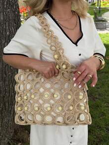 Jeta Ari 时尚度假镂空串珠细节单肩包，优雅包包 - 駝色 - 查看 1