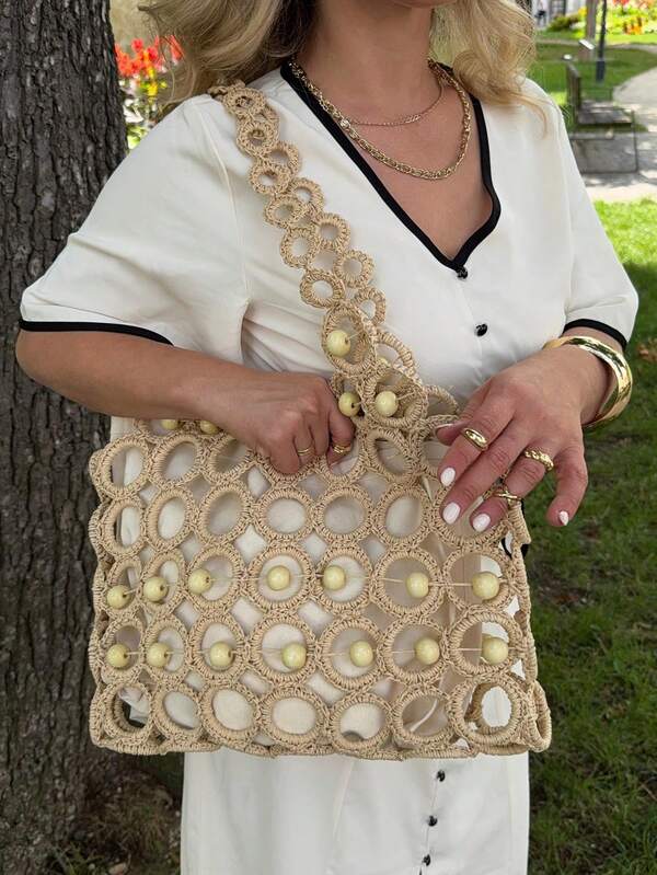 Jeta Ari 时尚度假镂空串珠细节单肩包，优雅包包