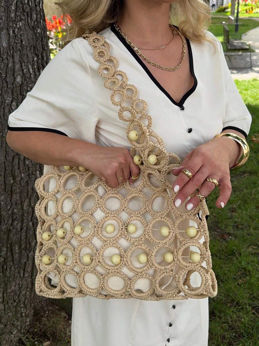 Jeta Ari 时尚度假镂空串珠细节单肩包，优雅包包 - 駝色 - 查看 1