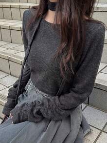 FRIFUL 女士扎染特殊面料褶皱袖口装饰宽松休闲长袖T恤 - 黑色 - 查看 2