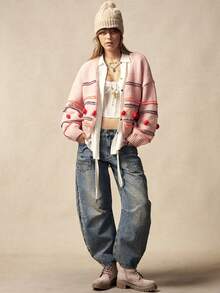 Bohemela Cardigan décontracté à blocs de couleurs et rayures avec décoration de pompon, automne/hiver - Rose bonbon - Voir 7