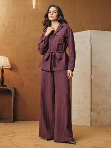 Anewsta 2pcs/Set Autumn/Winter Lace-Up Waist Utility Shirt + Wide Leg Pants Suit - Purple - View 7