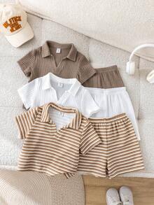 SHEIN 6件套男宝宝夏季可爱休闲条纹polo衫短裤套装，适合生日派对、晚宴、演出、婚礼、迎婴派对、满月庆祝和一周岁生日等场合。 - 彩色 - 查看 5