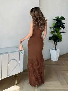 Jemour 圆领流苏开衩细节长款连衣裙，性感夏季伊比沙岛度假可爱圣诞节，秋季冬季派对优雅 - 巧克力棕 - 查看 2