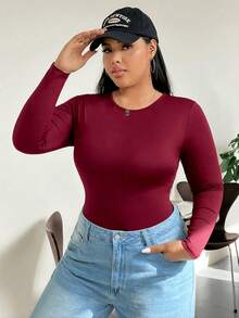 SHEIN EZwear 大码女式红色圆领长袖休闲T恤连体衣 - 紅色 - 查看 6