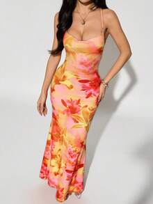 SHEIN PETITE Váy họa tiết hoa hở lưng khoét sâu dành cho nữ đi nghỉ - trái cam - Xem 8