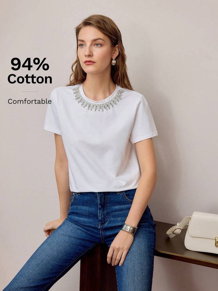 RHINESTONE DETAIL SHORT SLEEVE TEE