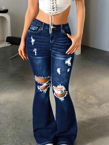 SHEIN 千禧少女休闲水洗纯色低腰宽松破洞喇叭牛仔裤，冬季喇叭裤，万圣节、秋季、圣诞节裤，秋冬季返校季牛仔裤，喇叭裤街头复古风，舒适百搭，适合13-16岁女孩，适合上学、居家和旅行，贴袋宽松修身休闲百搭牛仔裤，感恩节、新年，休闲优雅 - 淺色水洗藍 - 查看 1