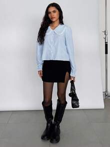 Siren Gaze Women's Front Button Long Sleeve Solid Color Patchwork Casual Blouse Winter Spring - Blue and White - View 2