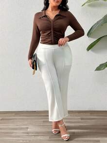 SHEIN Privé Plus Size Women's Casual/Office Commute Simple Solid Color Pleated Fitted Collared Long Sleeve T-Shirt, Spring/Autumn - Chocolate Brown - View 6