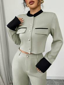 Selianne Women's Contrast Color Long Sleeve Single-Breasted Jacket And Pants Elegant Suit - Light Grey - View 3