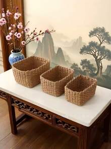 Bộ 3 giỏ đan đựng đồ màu be, dùng để bàn, đựng mỹ phẩm, đồ dùng lặt vặt, đồ trang trí phòng tắm, phòng khách, nhà cửa theo phong cách Boho Farmhouse. - Lạc đà - Xem 5